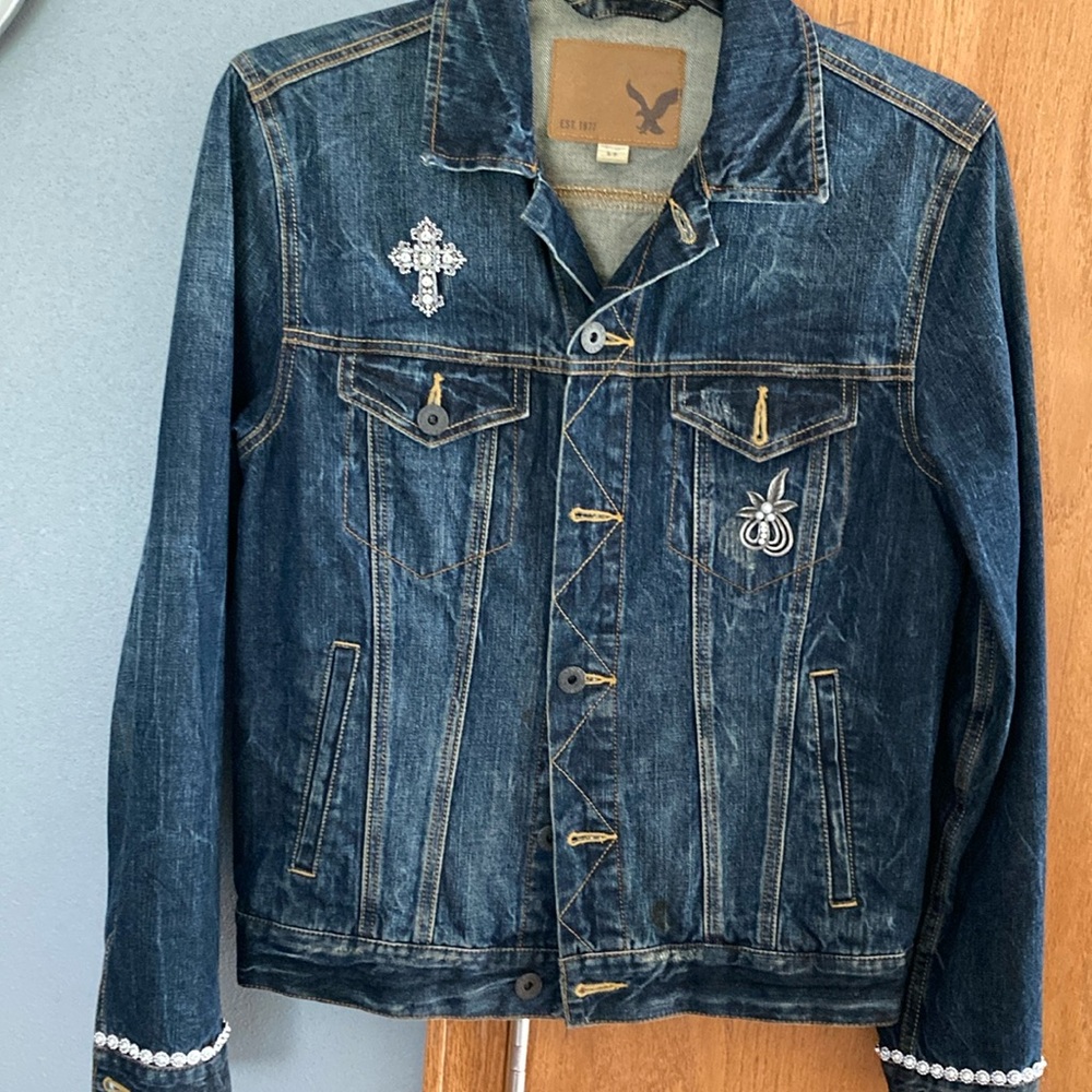 American Eagle Outfitters Blue Jean Jacket with Embellishments